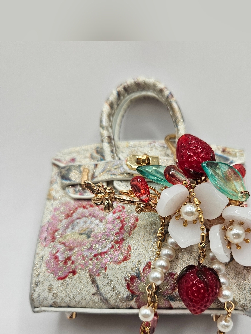 Floral Pearl Charm Mini bag in Cream and Pink With Charm
